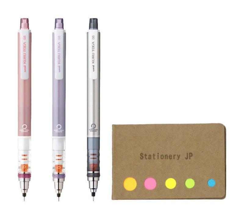 Stationery JP قرطاسية قلم رصاص ميكانيكي JP Kuru Toga بتدوير تلقائي للرصاص نموذج قياسي 0.5 مم، لون الجسم (وردي فاتح/بنفسجي/فضي)، عبوة 3 قطع، مجموعة قيمة من الملاحظات اللاصقة - Image 1